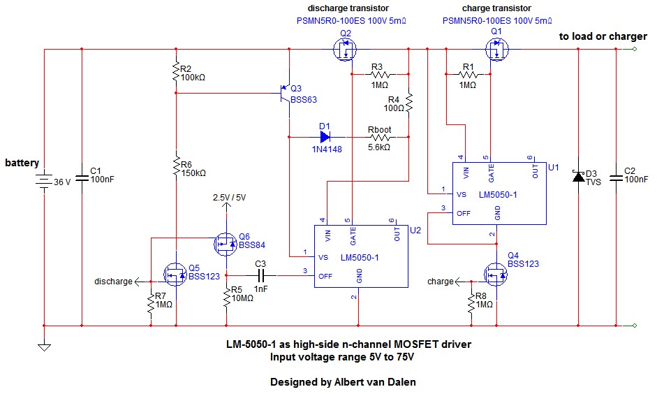 High-side n-channel MOSFET driver with LM5050-1 circuit
